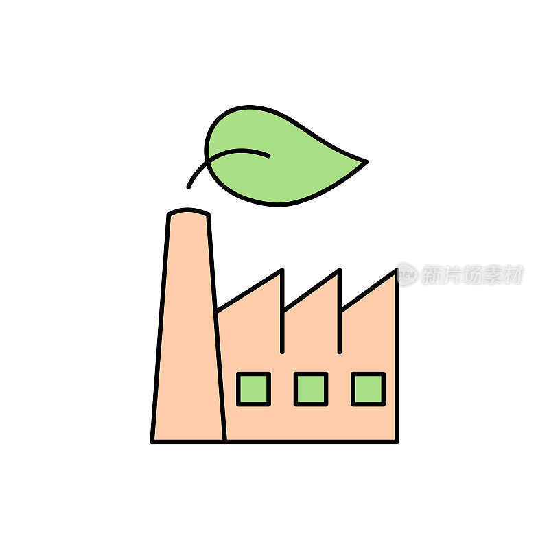 清洁行业的概念。工厂有一个叶子颜色的线条图标。零排放的想法。
