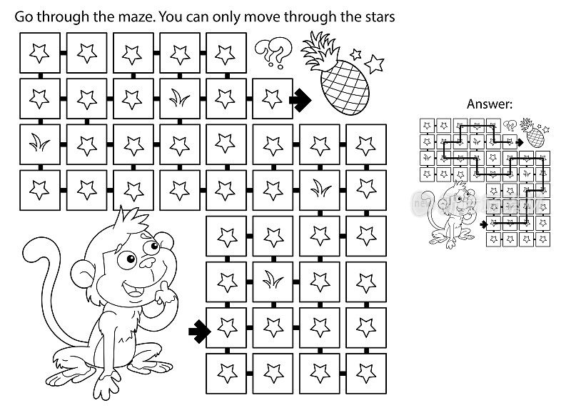迷宫或迷宫游戏。谜题。着色页大纲卡通小猴子与菠萝。收集水果。儿童涂色书。