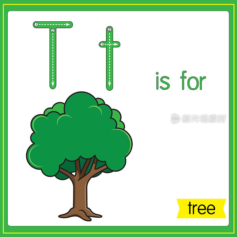 矢量插图学习字母为儿童与卡通形象。字母T代表树。