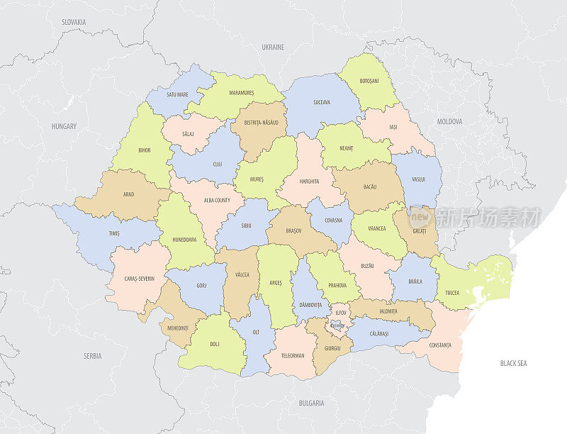 罗马尼亚在欧洲的详细地理位置图与行政区划国家，矢量插图
