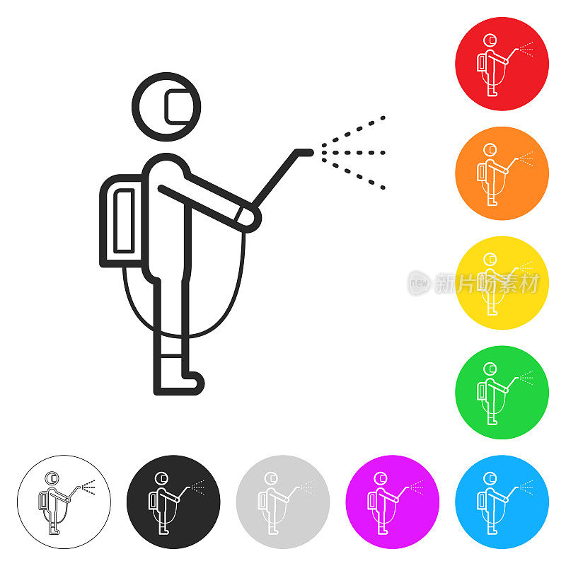 穿着防护服并喷洒消毒剂的人。按钮上不同颜色的平面图标