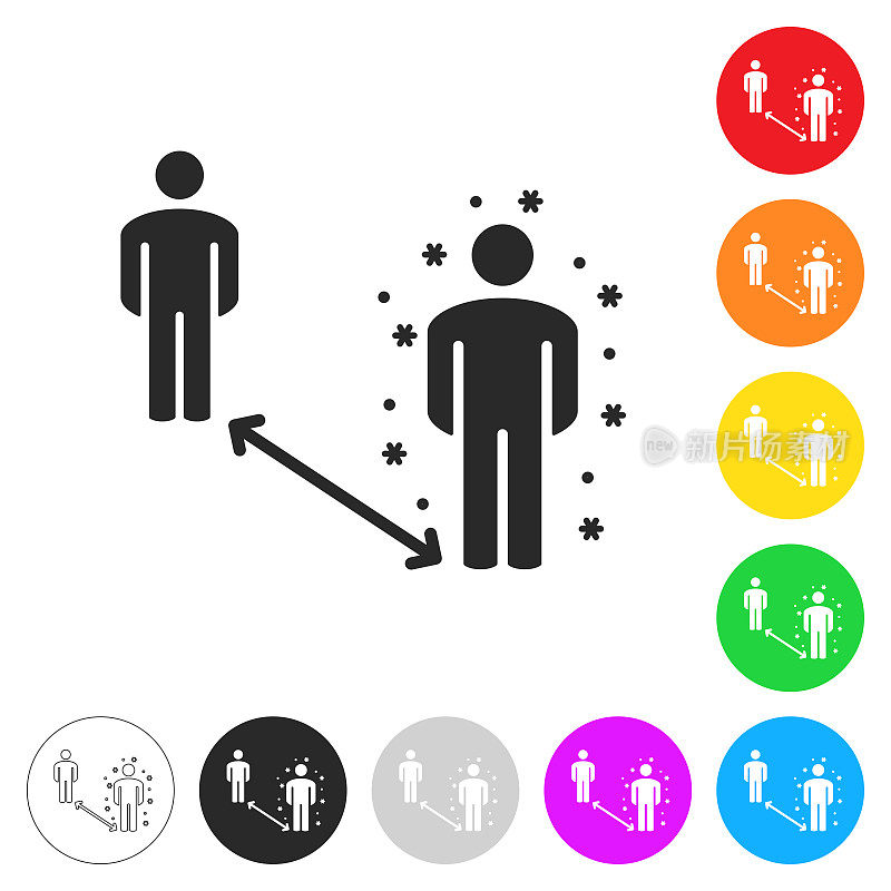 保持社交距离――保持距离。按钮上不同颜色的平面图标