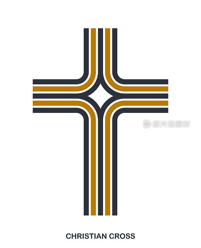基督教十字现代线性风格矢量符号孤立于白色，信仰与信仰耶稣基督十字架符号的当代条纹平面设计。