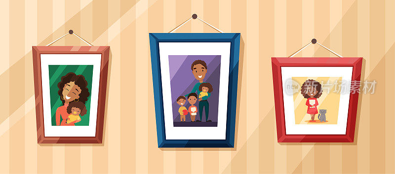 大的非洲裔美国人家庭照片，肖像在彩色框在墙上。父母带着孩子，祖父母和孩子。矢量卡通平面插图