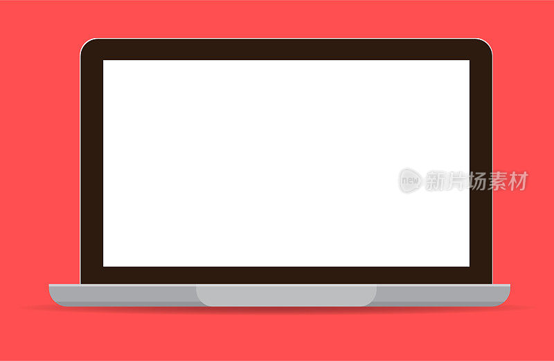笔记本电脑空白的白色空白屏幕上的现代鲜明的红色平面色彩