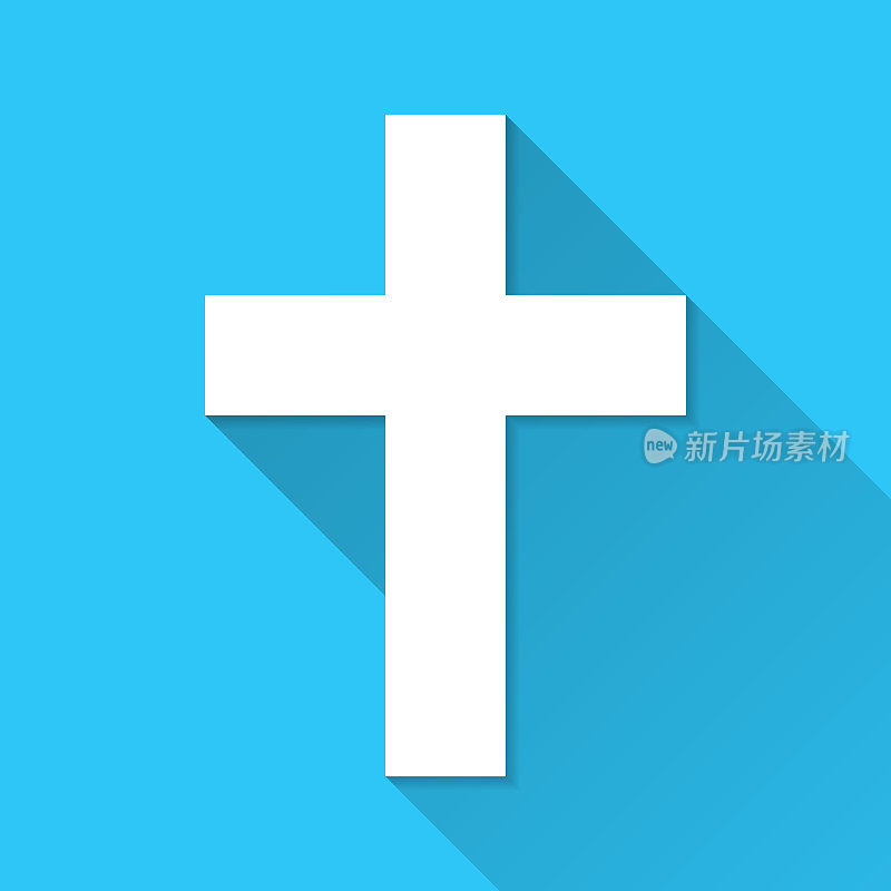 宗教十字架。蓝色背景上的图标-长阴影平面设计