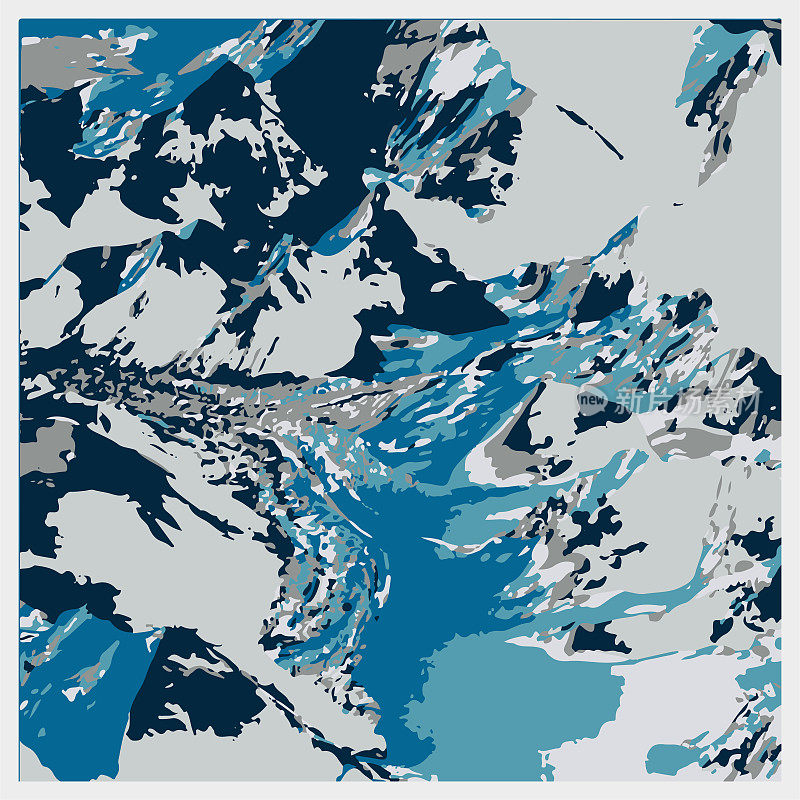 向量蓝色雕刻风格雪山和冰川插图，青藏高原