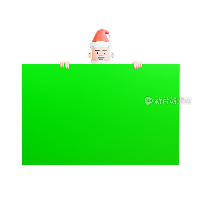 圣诞老人在一个大的绿色屏幕后面偷看，只能看到他的头和手