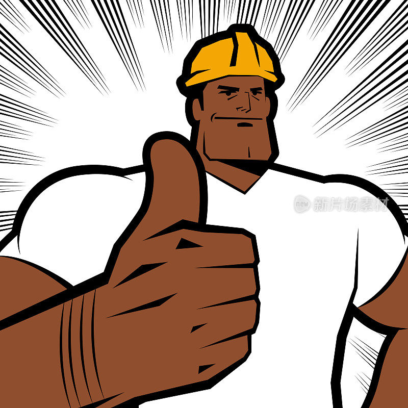 一名蓝领工人戴着工作头盔，竖起大拇指，漫画效果线条背景