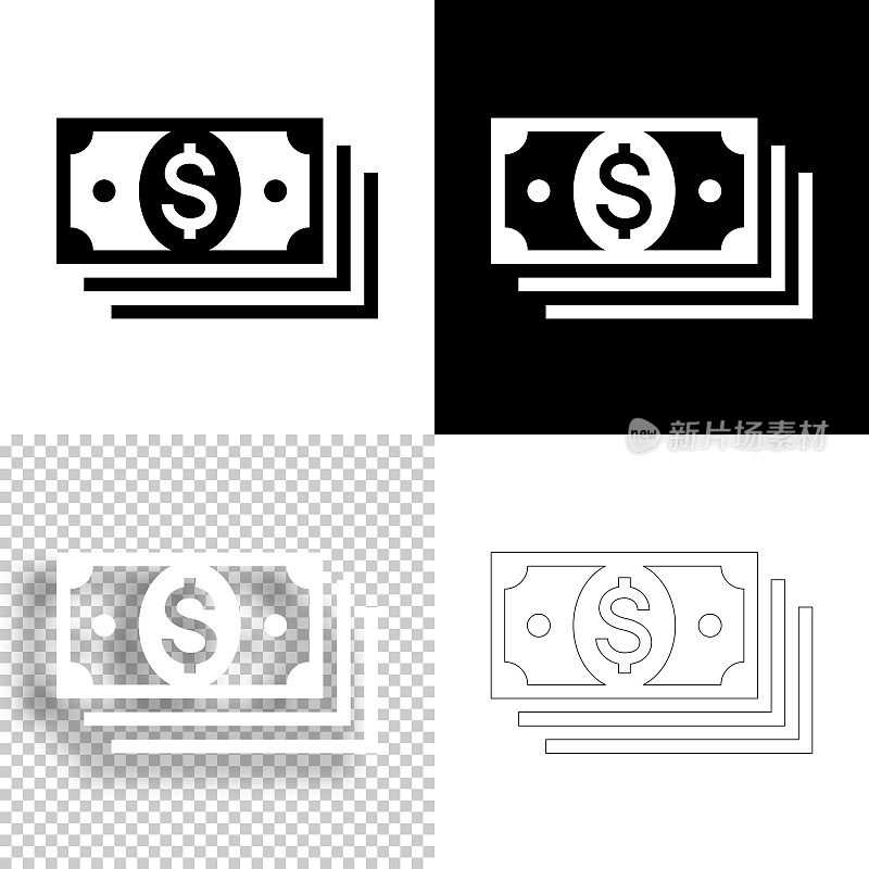美元纸币。图标设计。空白，白色和黑色背景-线图标