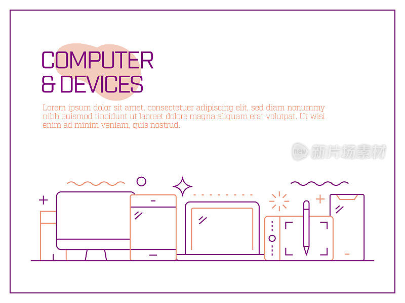 计算机和设备相关的矢量横幅设计概念，现代线条风格与图标