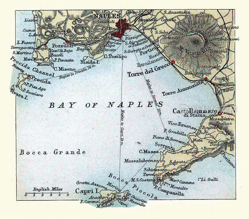 意大利那不勒斯湾古董地图，维苏威火山，卡普里岛，19世纪