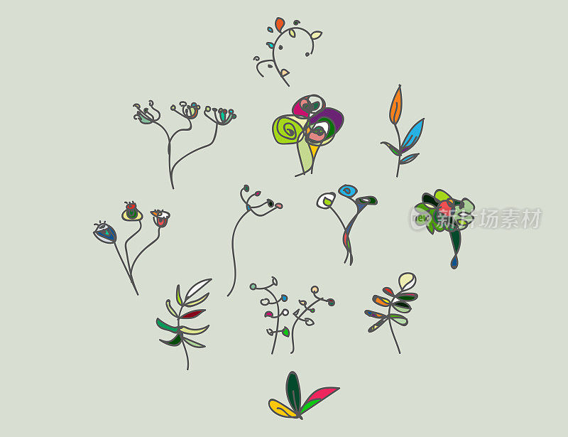 一套手绘色彩植物枝花卉图案，涂鸦设计元素