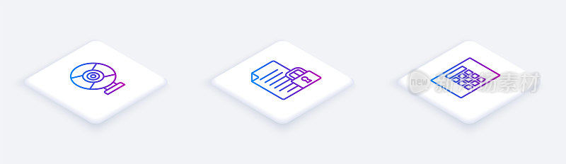 设置等距线安全摄像头、文档和锁、密码保护。白色正方形按钮。向量