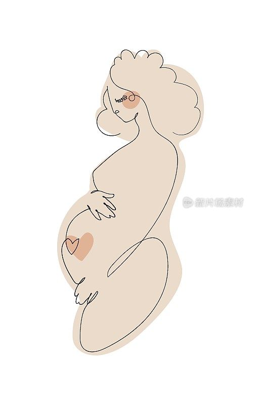 孕妇图标，怀孕和生育概念，单线手绘，服装商店标识，孕妇产品。矢量插图孤立在白色背景上。