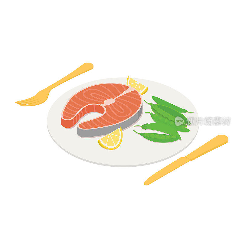 鲑鱼与豌豆，晚餐，午餐-在平面设计的等距矢量插图。