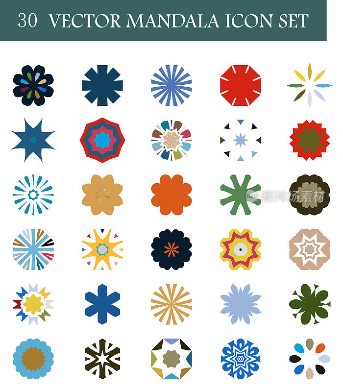 矢量抽象颜色曼荼罗花卉图案按钮图标集合设计