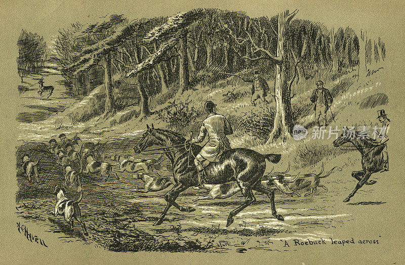 一群猎犬和猎人发现了一只罗巴克的踪迹，维多利亚时代，1890年代，19世纪