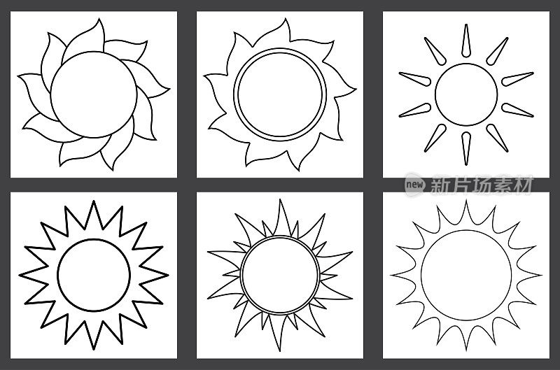 太阳轮廓。不同太阳形状的线条艺术图标。矢量插图孤立在白色