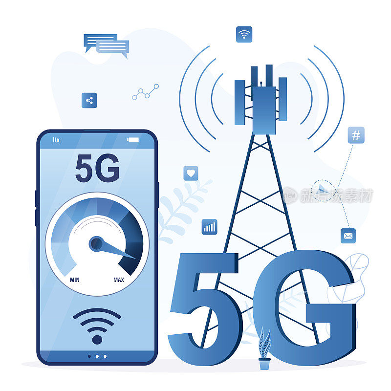 5G网络高速连接。带无线网络的大智能手机。网络技术，非常快的在线移动连接。通信塔。