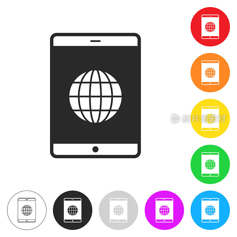 平板电脑与全球。彩色按钮上的图标