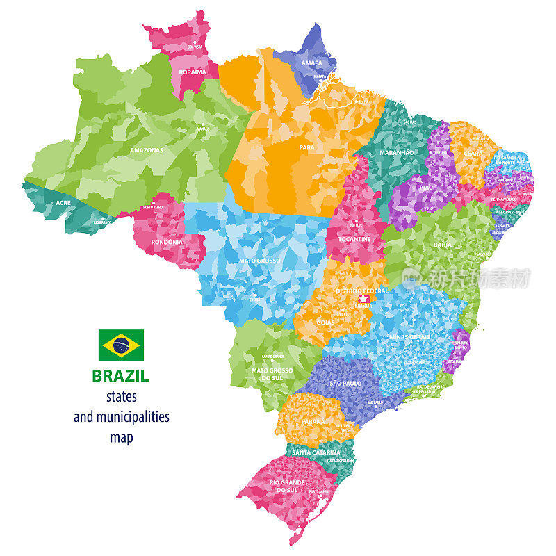巴西各州和直辖市矢量高详细彩色地图