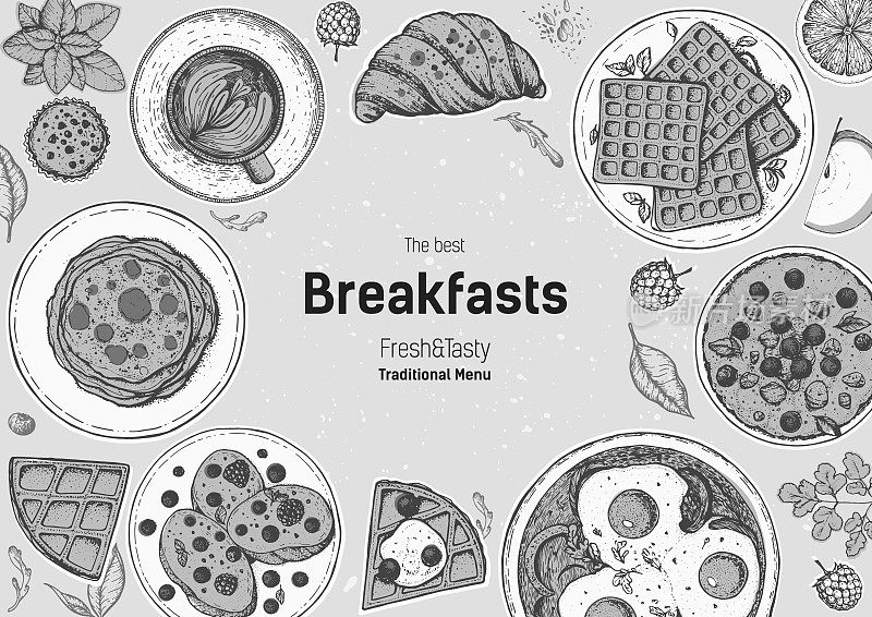 早餐上视图框架。早餐菜单设计。早餐和早午餐的菜肴收集。复古手绘草图，矢量插图。雕刻风格。