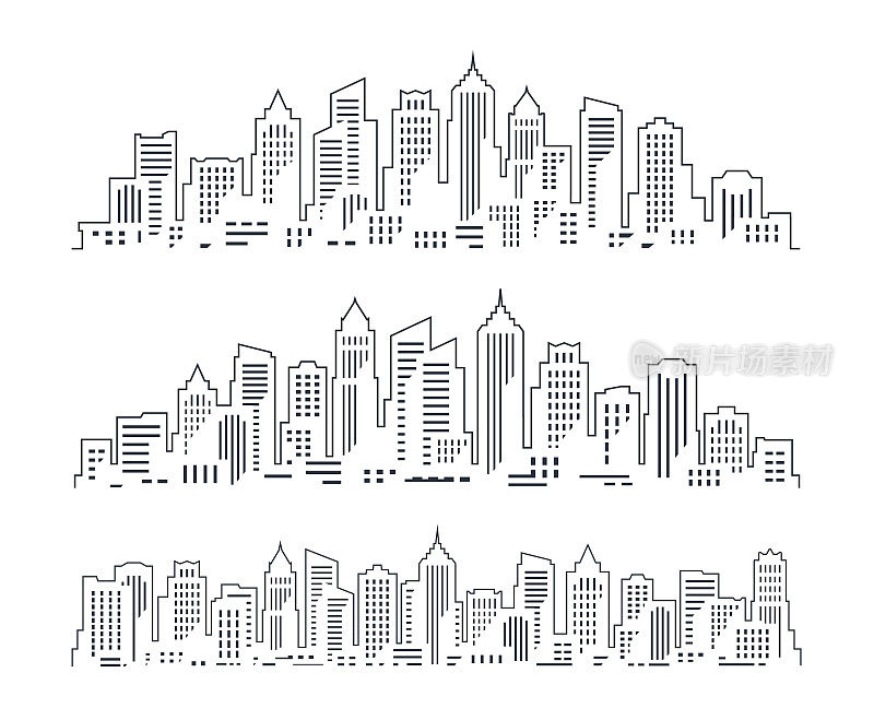 现代城市景观。城市建筑、摩天大楼轮廓图。城市建设或房地产概念向量