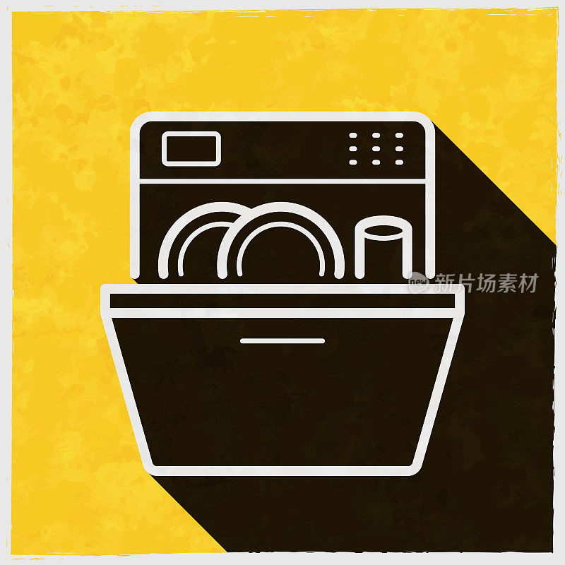 洗碗机。图标与长阴影的纹理黄色背景