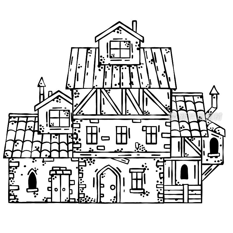 中世纪的房子。村庄建设。有烟囱的老房子。黑白素描的街道形象。卡通复古的插图