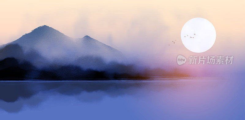 景观与蓝色雾山反射在水在日出的背景。传统的东方水墨画，水墨，水墨。