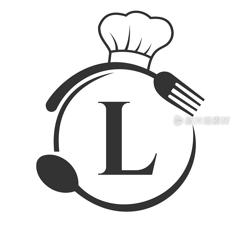餐厅标志，餐厅标志在字母l厨师帽子，勺子和叉子餐厅符号向量模板