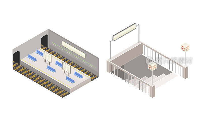 地铁站元素集。地铁站台及入口。现代铁路运输概念等距矢量图解