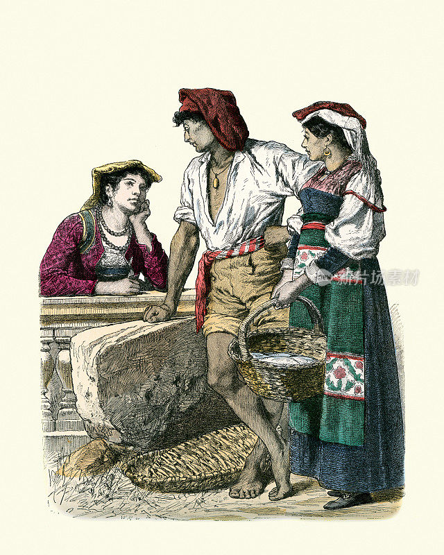 意大利传统服饰，那不勒斯的女人和男人，意大利，19世纪的历史时尚