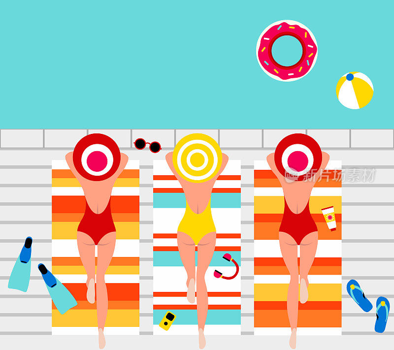 夏日沙滩，泳池派对上晒日光浴的性感女人毛巾，夏日时光，泳池度假概念向量的背景