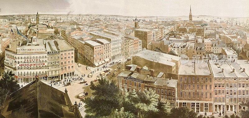 纽约市1855年，从南百老汇到三一教堂的鸟瞰图