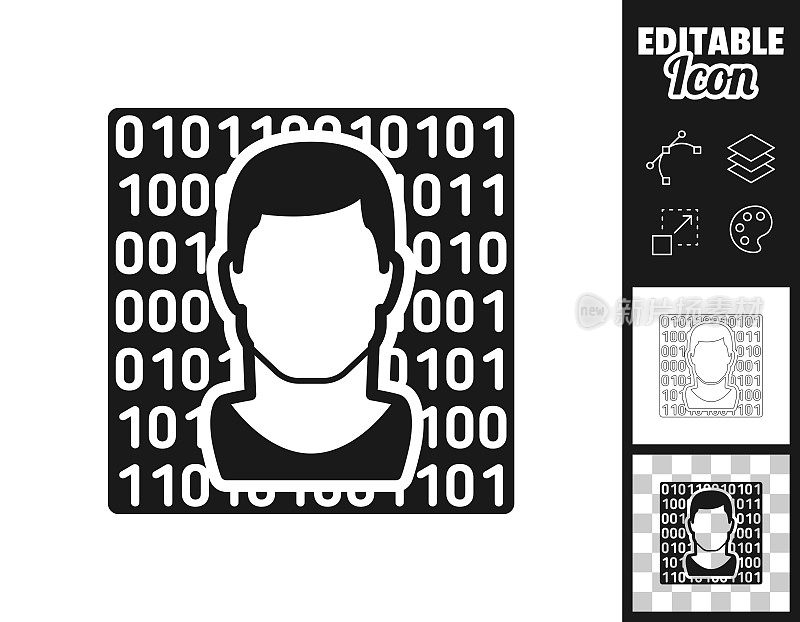 男脸用二进制码。图标设计。轻松地编辑