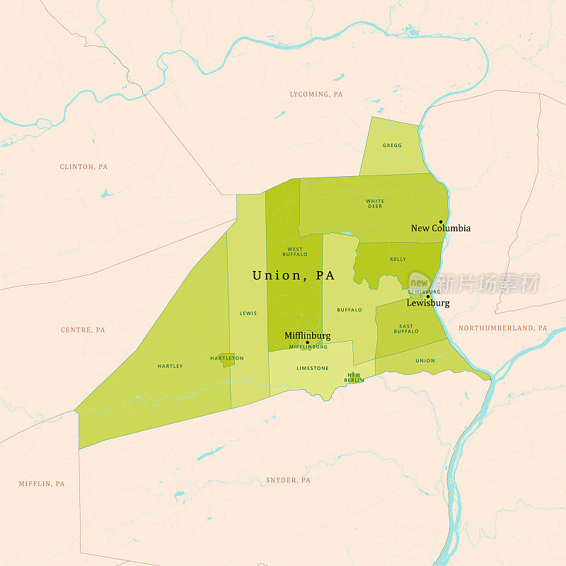 PA联盟县矢量地图绿色