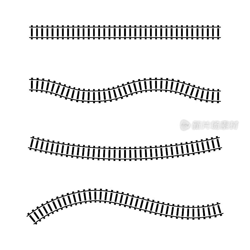 矢量插图曲线铁路孤立在白色背景。直线和曲线铁路列车轨道图标集。俯视图铁路列车路径。