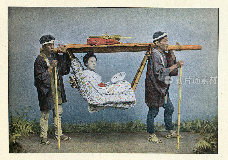 抬在轿子里的日本妇女，轿子。历史日本19世纪90年代，19世纪