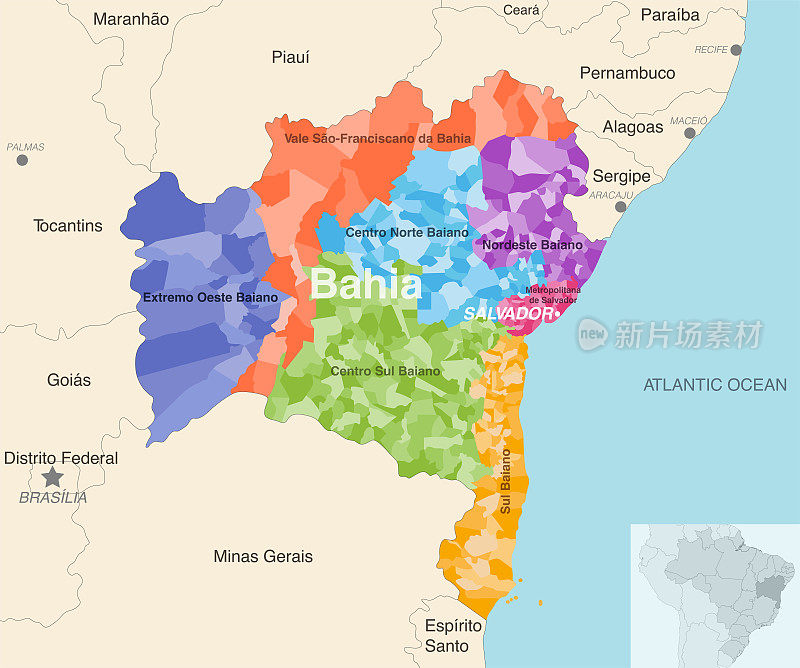 巴西巴伊亚州行政地图，按州区(中区)标出城市。