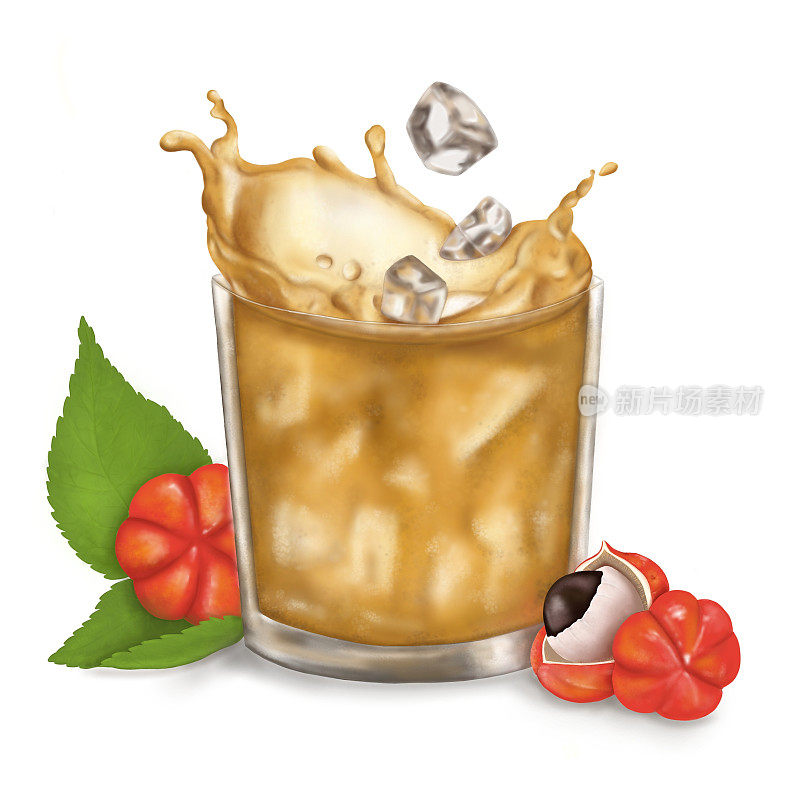 数字插图的巴西饮料“Guaraná”与冰块和瓜拉那水果