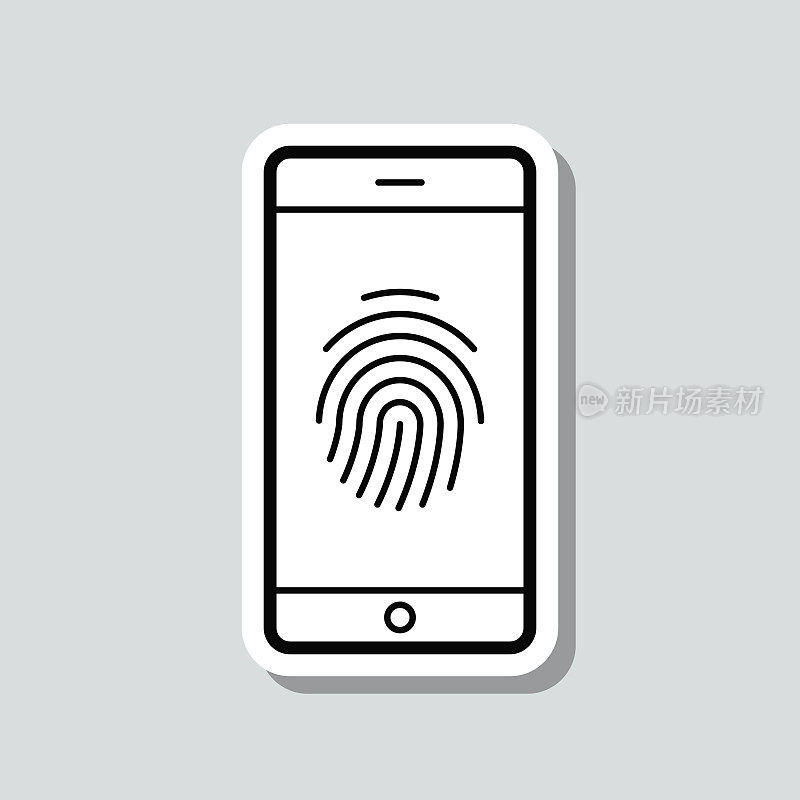 智能手机与指纹。图标贴纸在灰色背景