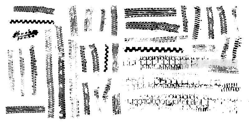 汽车、摩托车或自行车的胎面痕迹。摩托车越野赛，拉力赛，赛道，轮胎的痕迹。矢量纹理。