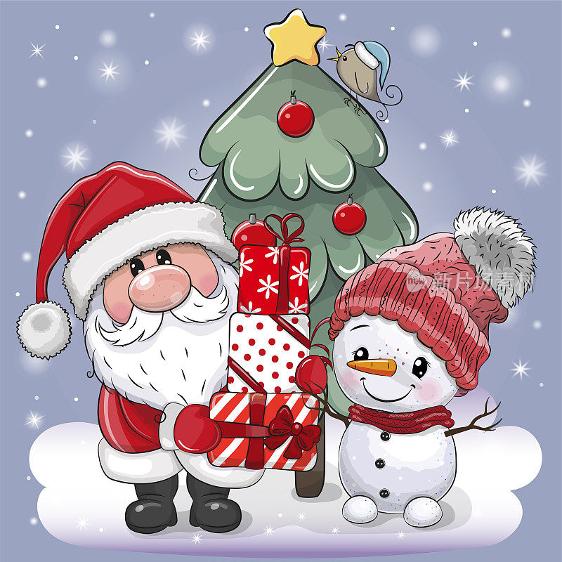 圣诞老人和戴着粉红色帽子的雪人靠近圣诞树