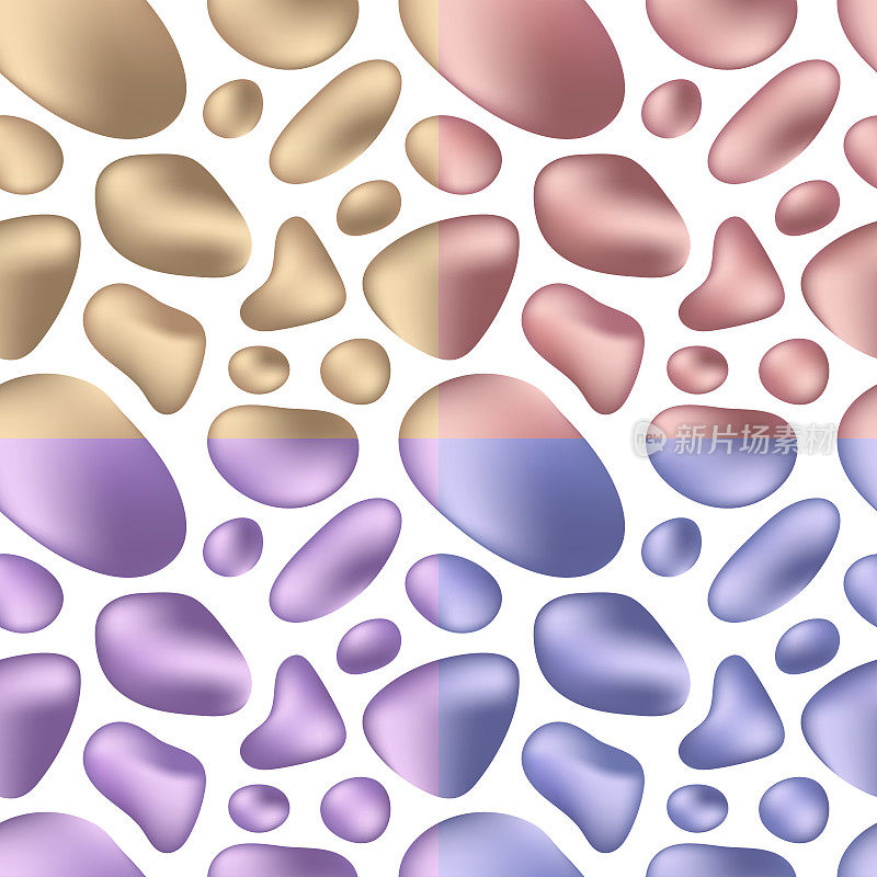3D流体或液体形状金色、粉色金色、蓝色、紫色金属无缝图案隔离在白色背景上