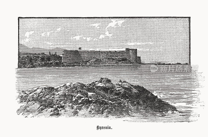 北塞浦路斯Kyrenia城堡的历史视图，木刻，1899年出版