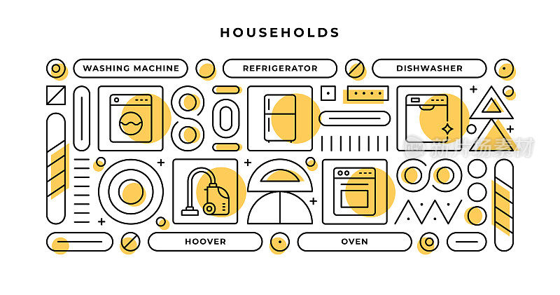 家庭信息图表概念与几何形状和洗碗机,烤箱,胡佛,冰箱线图标