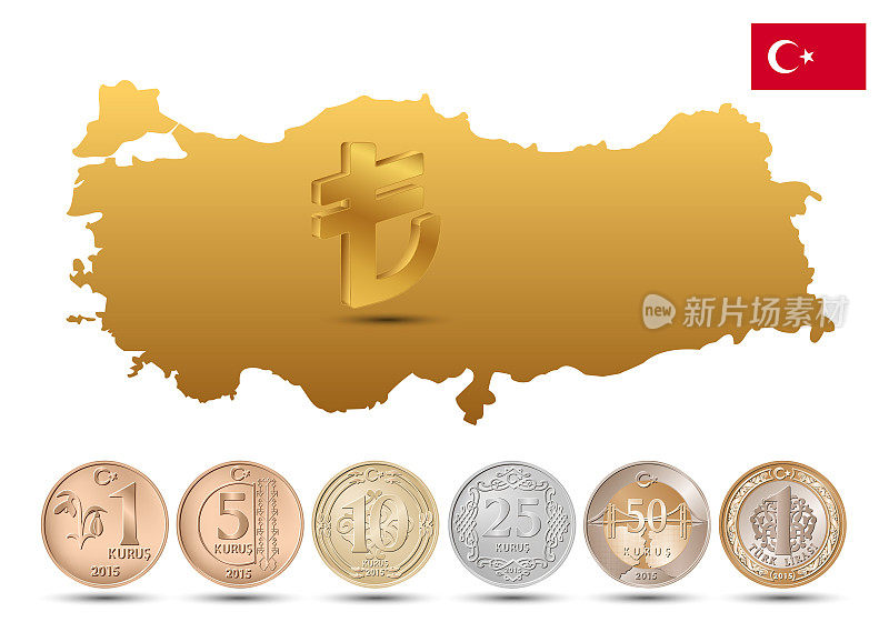 土耳其的黄金货币符号与土耳其地图。一套硬币。土耳其的货币。