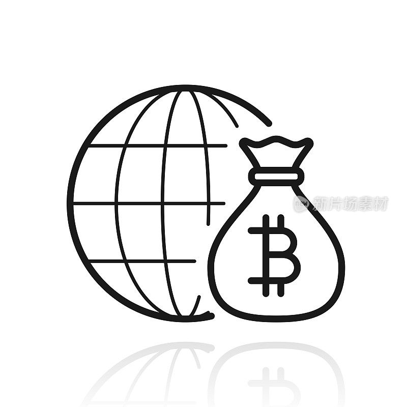 比特币在世界各地。白色背景上反射的图标